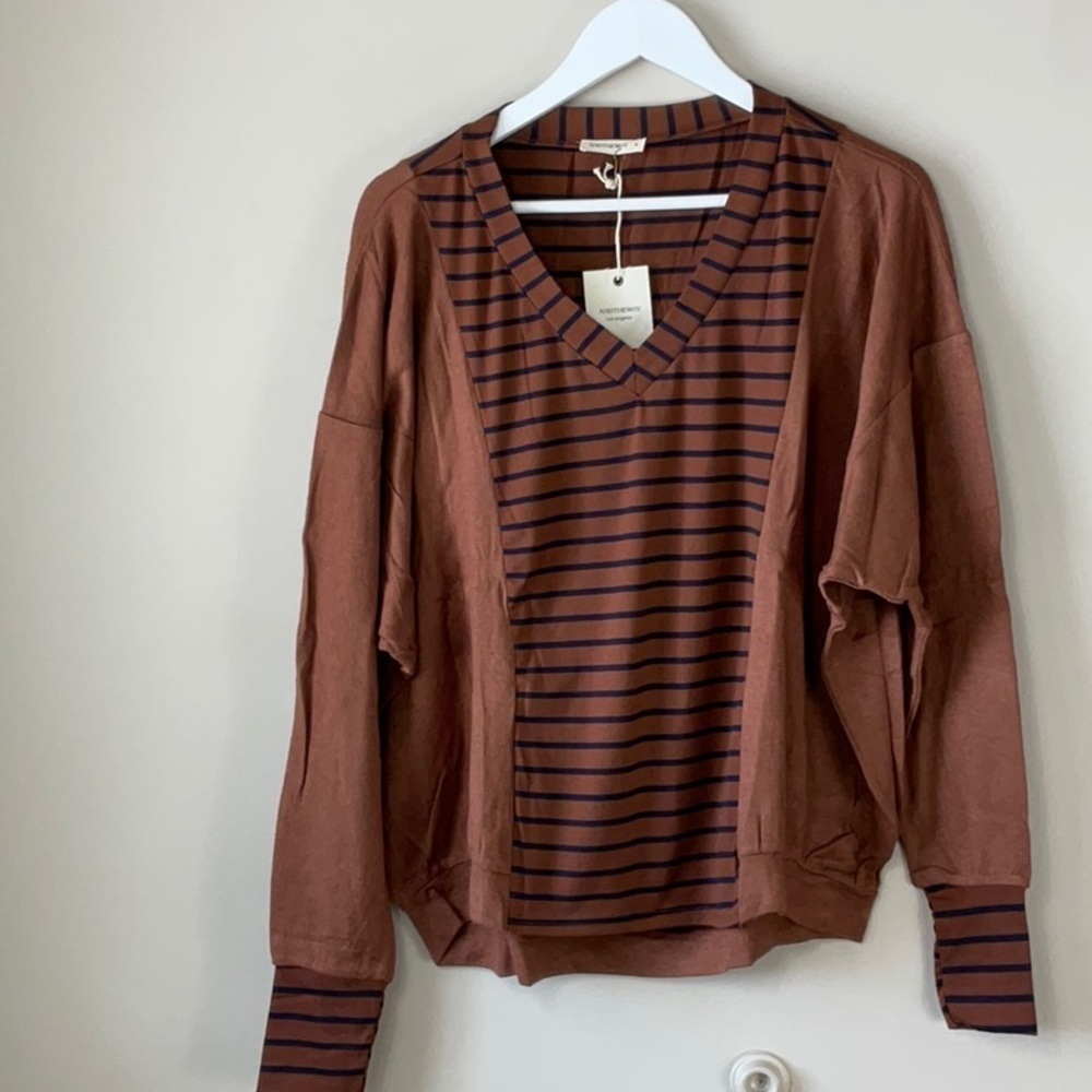 AndTheWhy v neck top brown with navy stripes